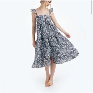 Floral Ruffle-Strap Midi Dress in Charcoal Blue